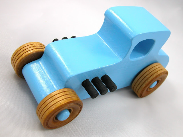 Wooden Toy Car - Hot Rod Freaky Ford - 1927 Ford Coupe - Model-T - Baby Blue - Amber Shellac - Black - Pine
