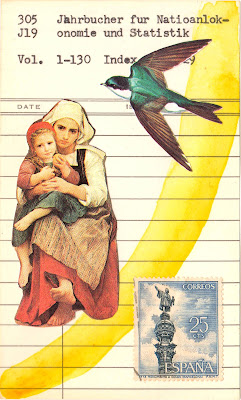 collage art library due date card vintage postage stamp swallow identification illustration by Justin Marquis