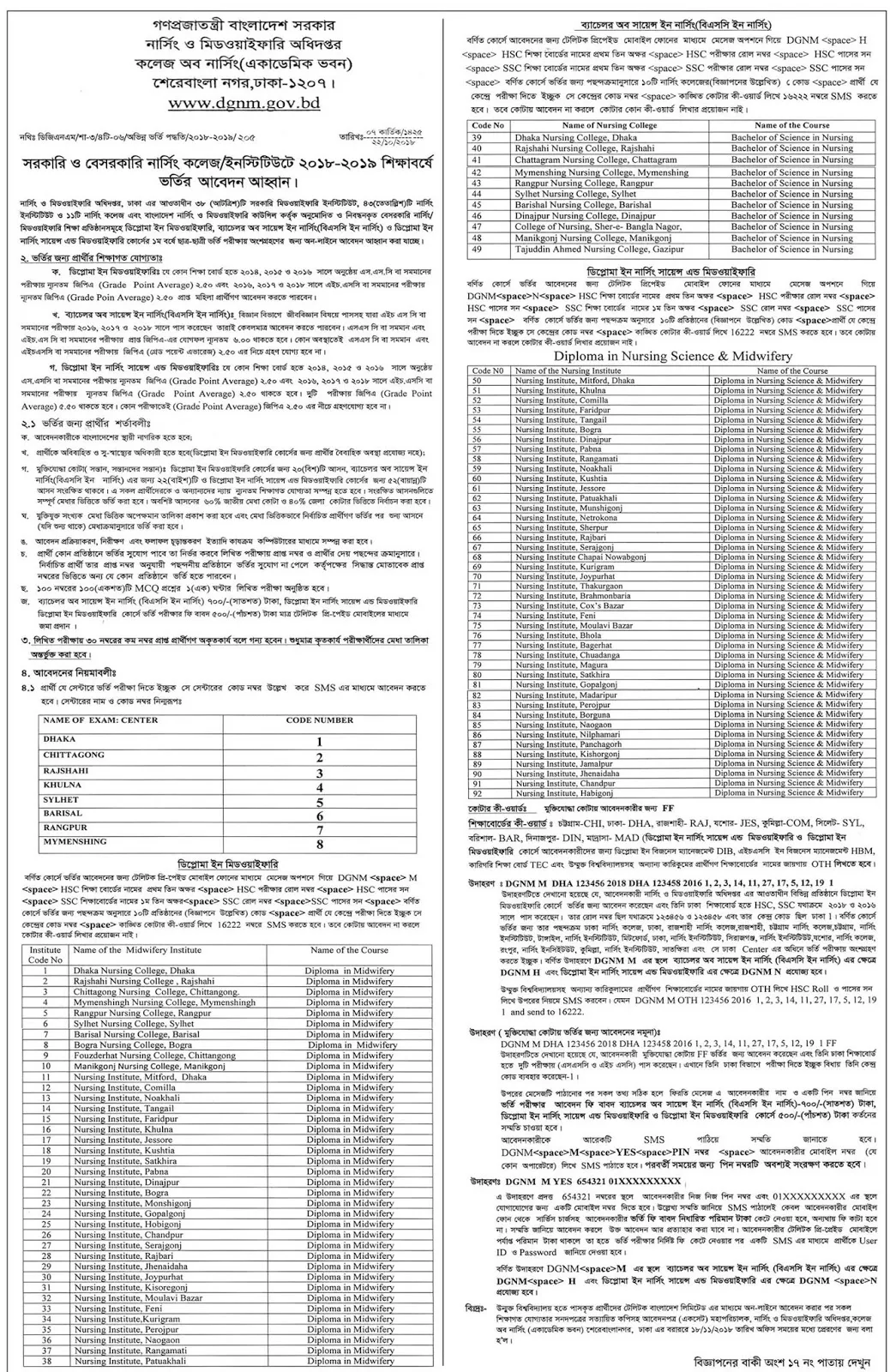 Bangladesh Nursing and Midwifery Council B.Sc in Diploma in Nursing Science and Midwifery Admission Test Circular 2018-2019 