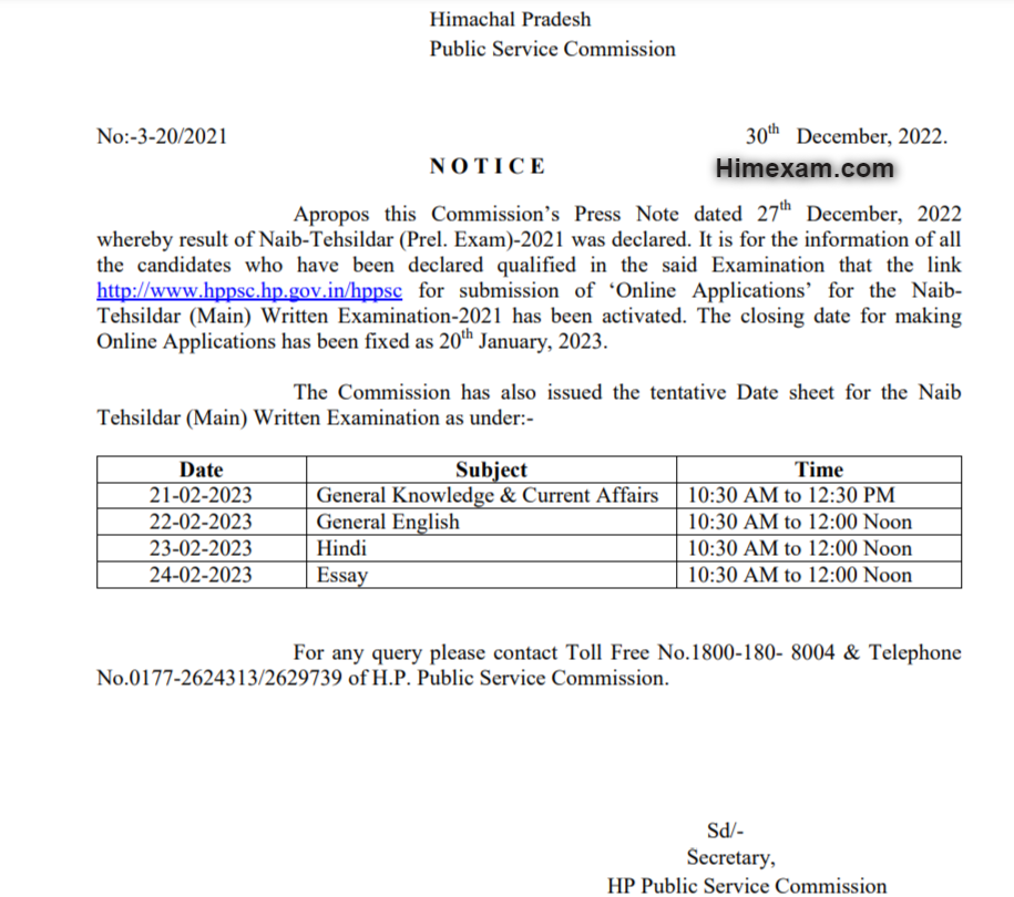 HPPSC Naib-Tehsildar Mains Exam Schedule 2022