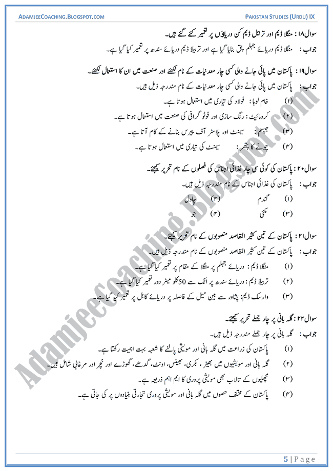 Resources-of-Pakistan-Short-Question-Answers-Pakistan-Studies-Urdu-IX