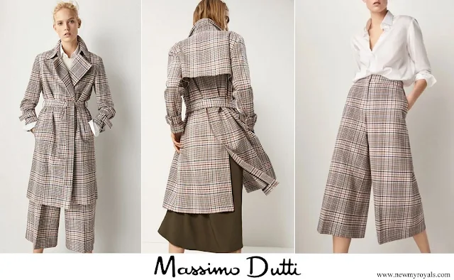 Queen Maxima wore Massimo Dutti Check Belted Trench Coat and Culotte Fit Checked Trousers