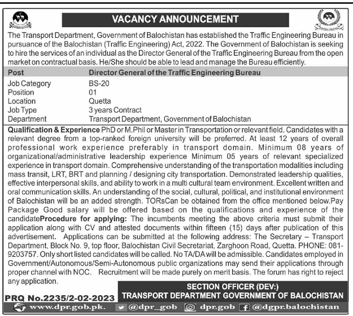 Latest TLatest Transport Department Management Posts Quetta 2023 2023