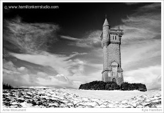 winter Scottish landscape snow black white angus kirriemuir monument boer war memorial 