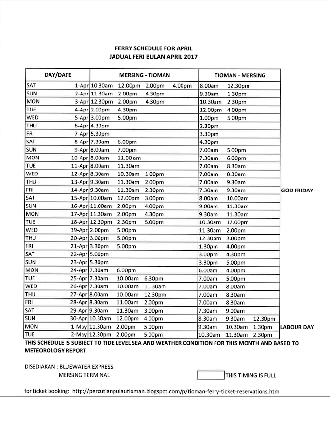 FERRY SCHEDULE FOR APRIL 2017 (MERSING - TIOMAN - MERSING & (TG. GEMOK - TIOMAN - TG. GEMOK)