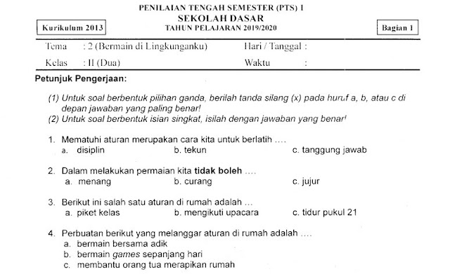 Kumpulan Soal Penilaian Tengah Semester (PTS) Ganjil Tema 2 Bagian 1 Kelas 2 SD Terbaru Tahun 2019 Gratis