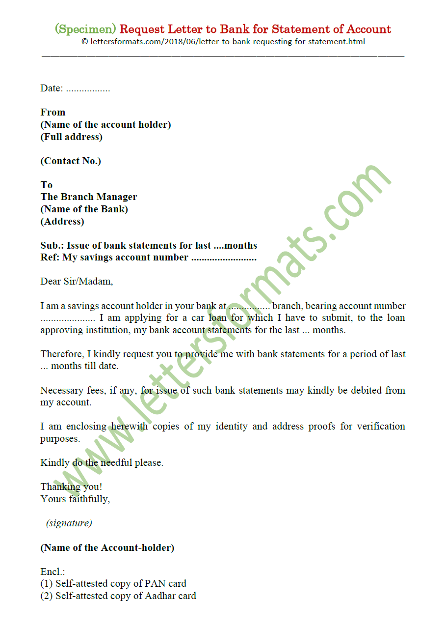 Request Letter To Bank For Statement Of Account Sample