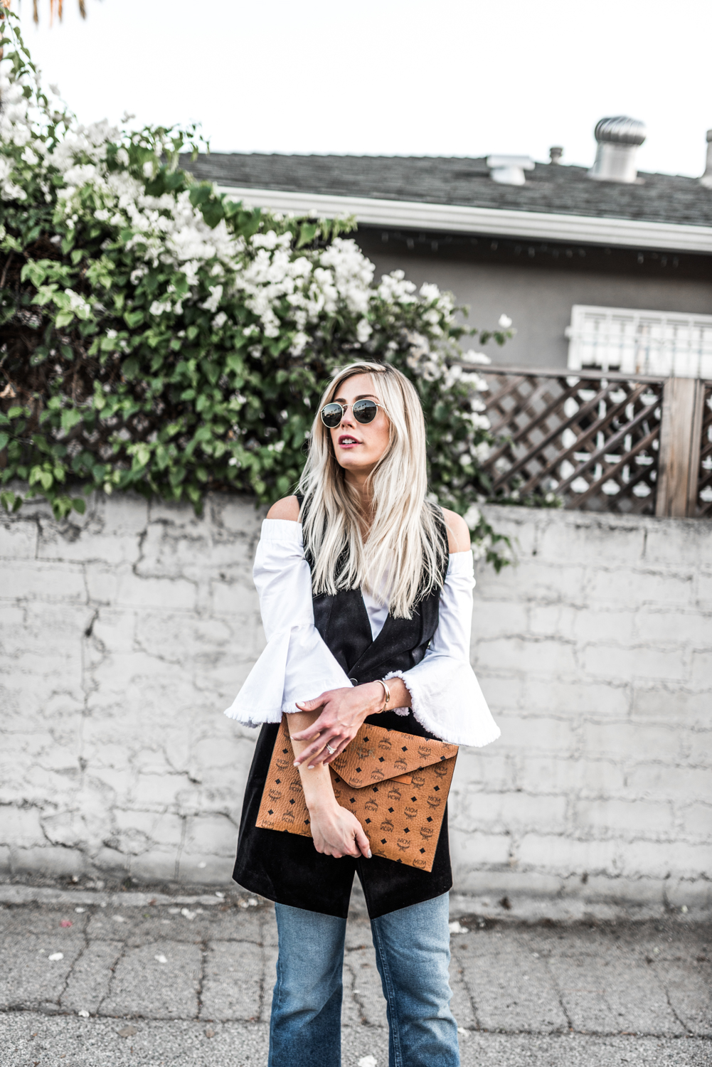 Off shoulder blouse and waistcoat set