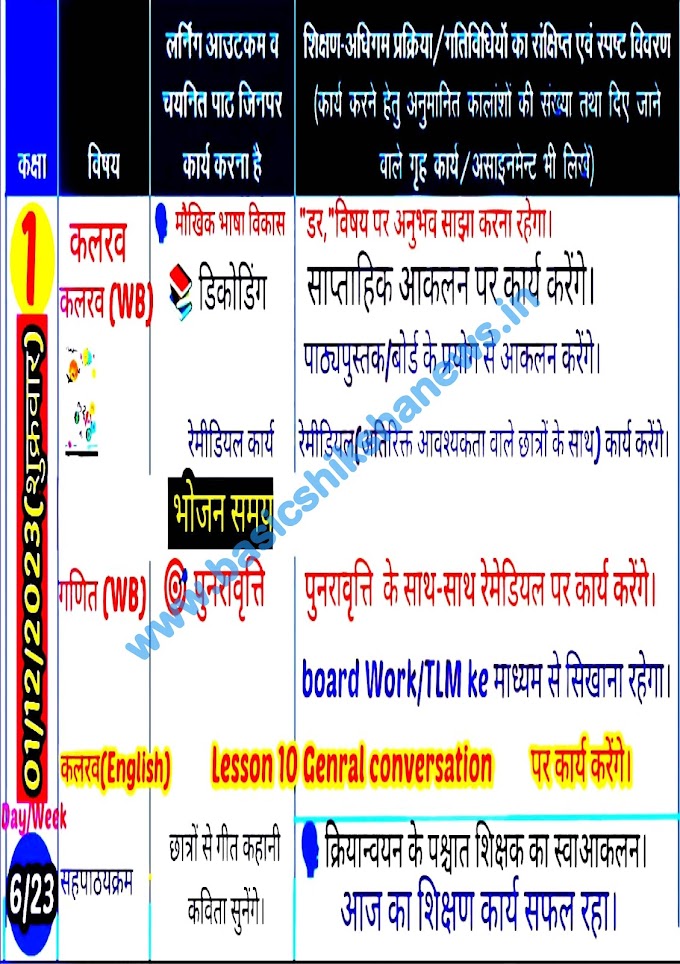 दिनांक 01 दिसम्बर, 2023 कक्षा- 01, 02, 03, 04, 05 की भरी हुई शिक्षक डायरी देखने के लिए यहां क्लिक करें।