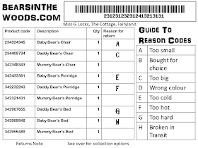 Baby Bear's Chair - Too Small; Mummy Bear's Chair; Daddy Bear's Chair -Too Big; Baby Bear's Porridge: Too Cold; Daddy Bear's Porridge: Too Hot; Mummy Bear's Porridge ; Baby Bear's Bed: Broken in Transit; Daddy Bear's Bed: Too Hard; Mummy Bears Bed