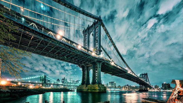 Gorgeous Manhattan Bridge At Night USA HD Desktop Wallpaper
