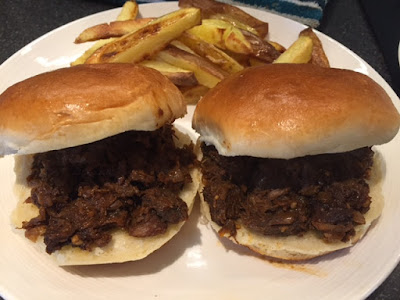 Slow Cooked Barbecue Beef in buns with home-made chips