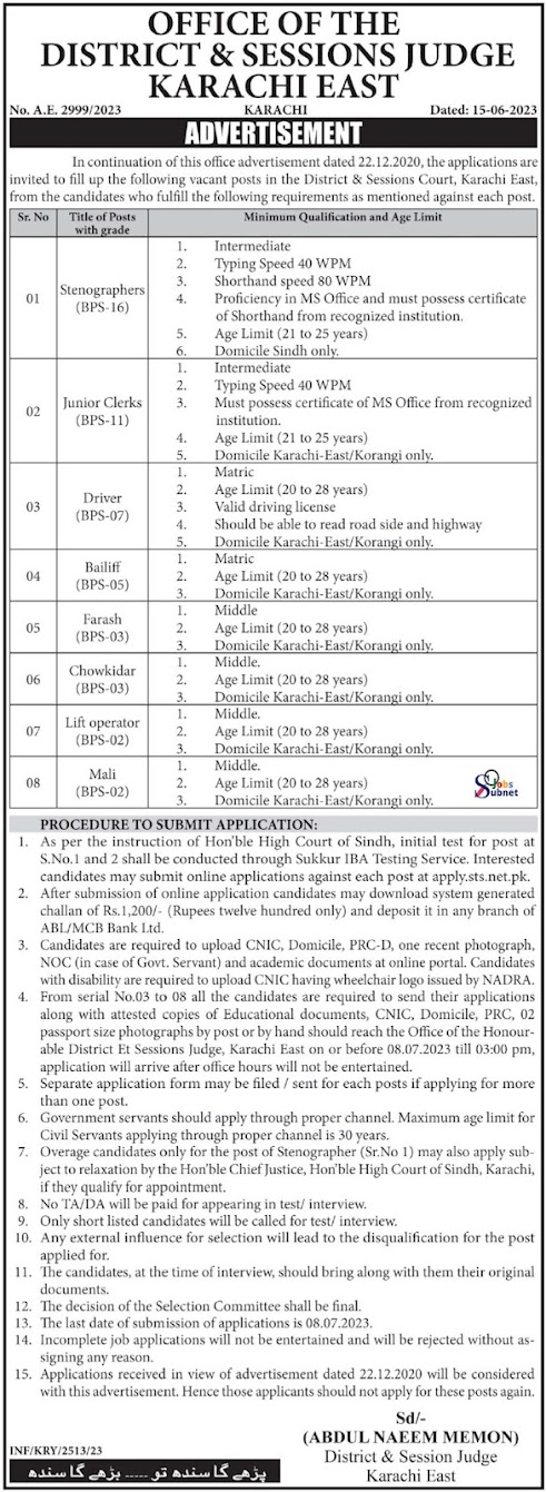 District & Session Judge Jobs 2023 in Karachi East