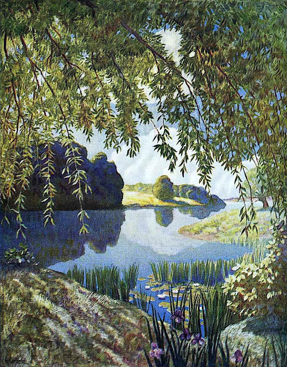 an N.C. Wyeth illustration of marsh wetlands and a pond