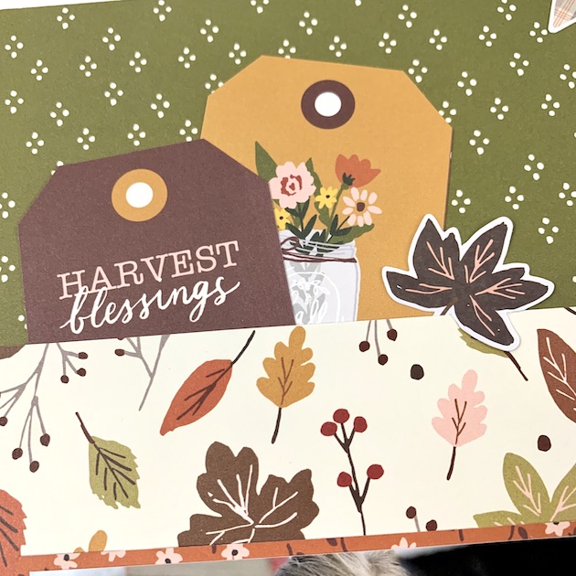 12x12 Fall Scrapbook Page Layout with tags, leaves, and flowers