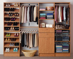 shoes on slanted shelves in closet