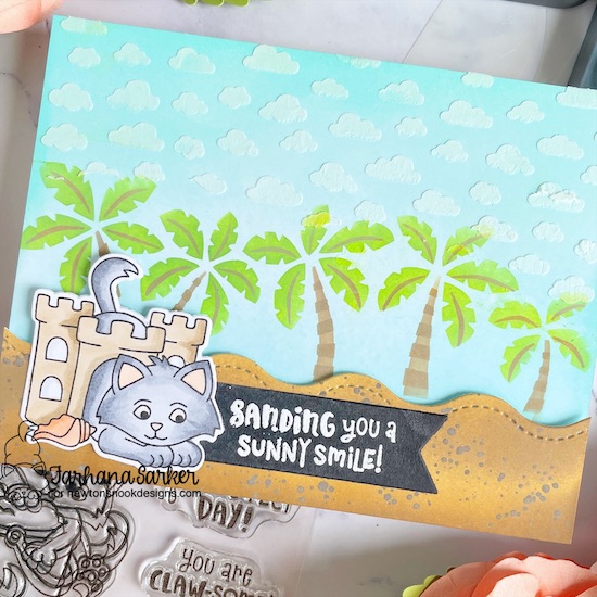 Beach Card with Kitten by Farhana Sarker | Kitten Beach Stamp Set, Palm Tree Line Stencil and Petite Clouds Stencil by Newton's Nook Designs #newtonsnook