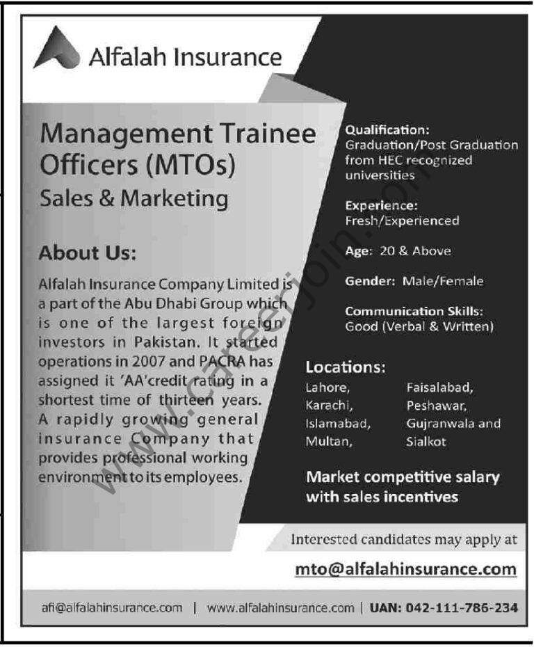 mto@alfalahinsurance.com  - Alfalah Insurance Jobs 2021 in Pakistan