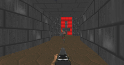 DOOM (1993) screenshot showing player shotgun and enemy commander