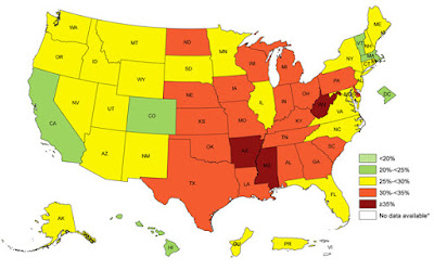 Prevalence¶ of Self-Reported Obesity Among U.S. Adults by State and Territory, BRFSS, 2014