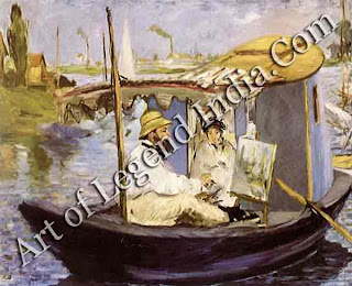 A floating studio When Monet moved to Argenteuil on the Seine in 1871 he built a special floating studio so he could work on the river. This painting, made by Edouard Manet in 1874, shows Monet on the boat with his wife Camille. 
