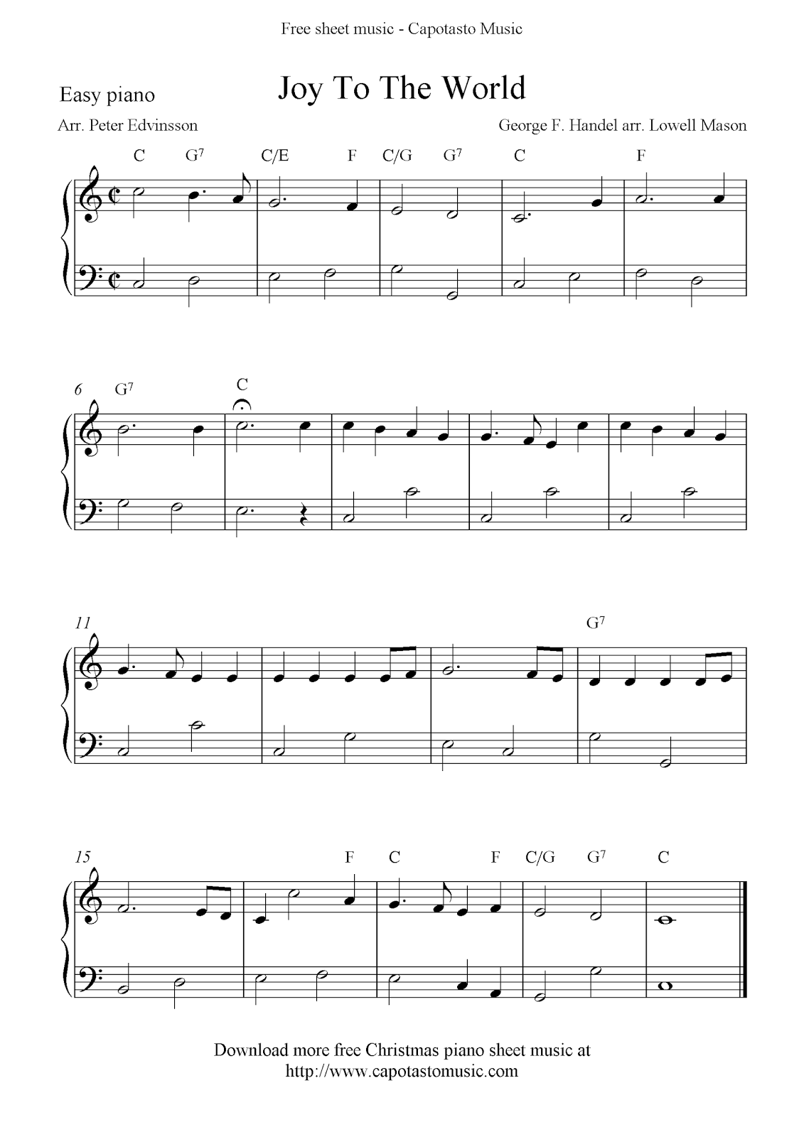 Easy free Christmas piano sheet music notes, Joy To The World