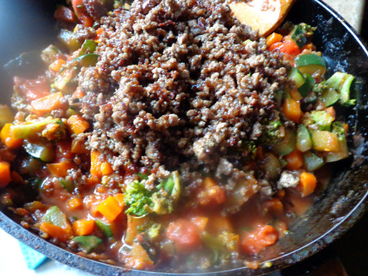 Transfer the meat into the pan with the vegetables