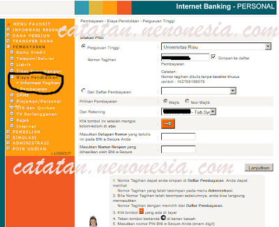 Bayar Uang Kuliah BNI internet Banking