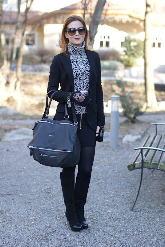 black and white outfit, Maison Scotch miniskirt, Givenchy bag, Scooter Plus sweater