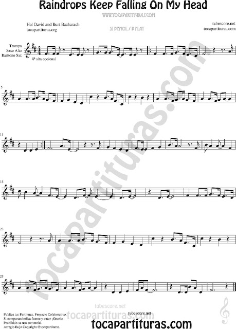 Saxofón Alto y Sax Barítono Partitura de Raindrops Keep Falling on my Head Sheet Music for Alto and Baritone Saxophone Music Scores