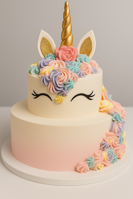 A two-tier unicorn-themed cake with pink gradient frosting, gold horn, pastel rosette mane, fondant ears, and closed eye facial design. Clean and modern presentation.