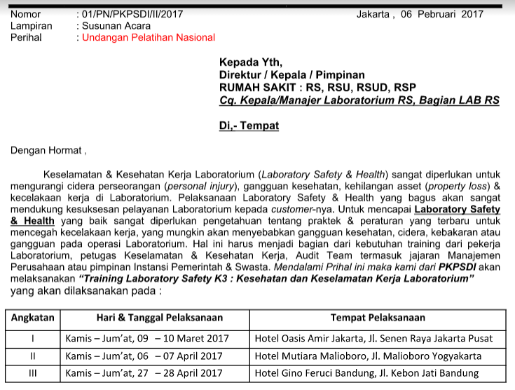 Contoh Undangan Pelatihan Training Laboratory Safety K3 