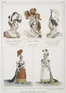 'L'archi-duchesse Léopoldine,1 Impératrice du Brésil, femme de D. Pèdro; La reine Carlota, mère de D. Pèdro; La princesse Amélie,2 Imperatrice du Brésil,femme de D. Pèdro [arriba]; Grand costume de cour [abajo]'de Jean Baptiste Debret,de la colección de grabados, impresos y fotos de Miriam e Ira D. Wallach, tomada de www.nypl.org