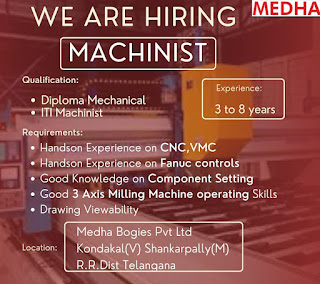 Medha Bogies Pvt Ltd Recruitment ITI and Diploma Holders for Machinist Post at Hyderabad, Telangana Location | Apply Online