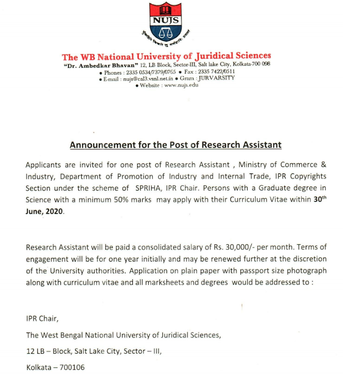 NUJS invites applications for the post of Research Assistant - last date 30/06/2020