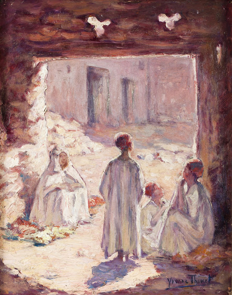 Famille dans un village du sud - Yvonne Thivet (Française - 1888-1972) - Huile sur panneau - 34 x 27 cm