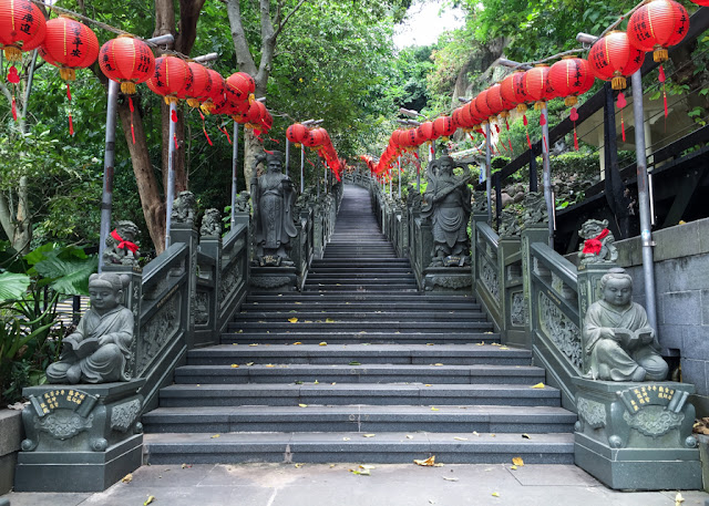 red lanterns and stairway leading to Huiji Temple, Zhishan Taipei