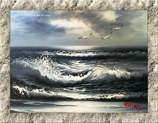  Mykonos Sunset: Oil Painting on canvas, Original Handmade Seascape, Ocean Painting in Black & White