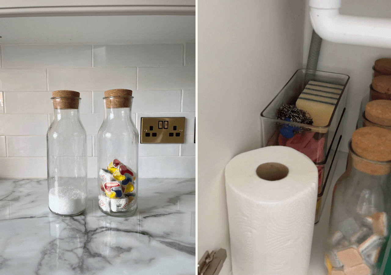 How to organise and store cleaning and household items under your kitchen sink. Using stylish, stackable storage and jars to keep your kitchen tidy