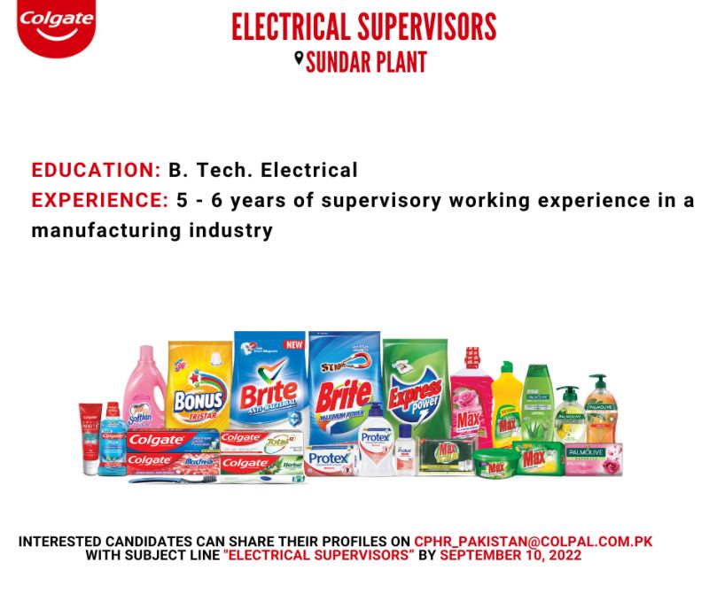 Colgate Palmolive Jobs for Electrical Supervisors