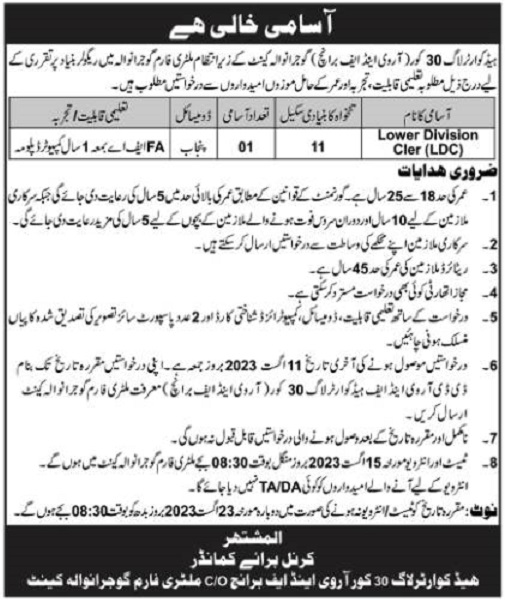 Pakistan Army Jobs In Gujranwala 2023