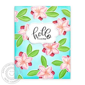 Sunny Studio Blog: Hello There Tropical Flower Cutout Card (using Radiant Plumeria, Potted Rose & Label from Sliding Window Dies)