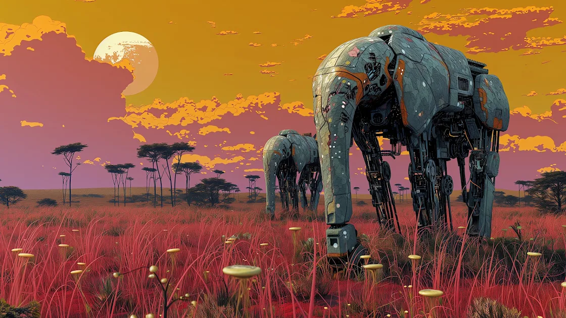 4K image depicting mechanical elephants in a savannah landscape with a rising moon in the twilight sky.