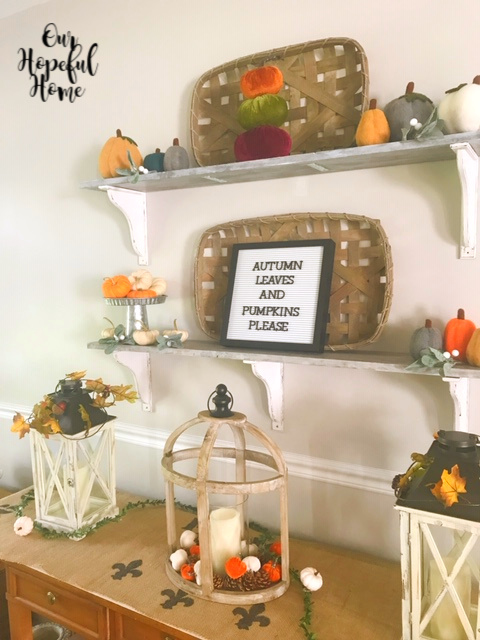 farmhouse floating shelf tobacco basket letter board pumpkins