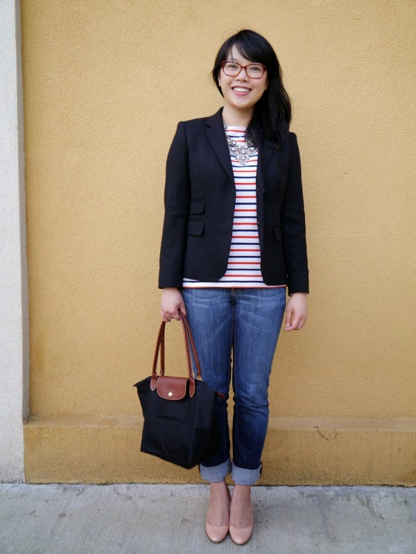 An outfit composed of basics: stripes, denim, black blazer, nude wedges, a black tote, and some sparkle