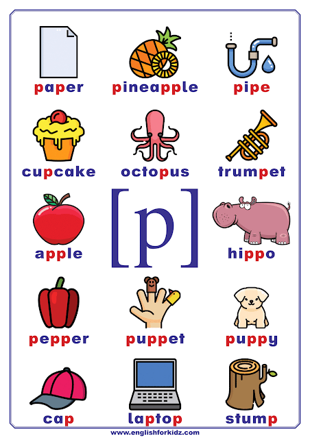 English phonetics chart - consonant sound p represented by letter p