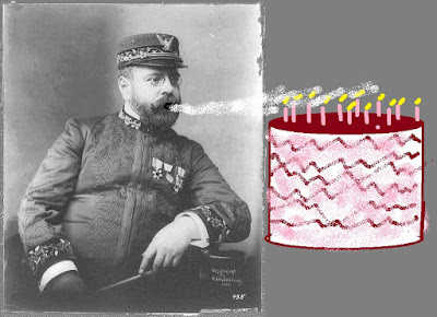 black & white photo of Sousa next to cartoon of cake with candles