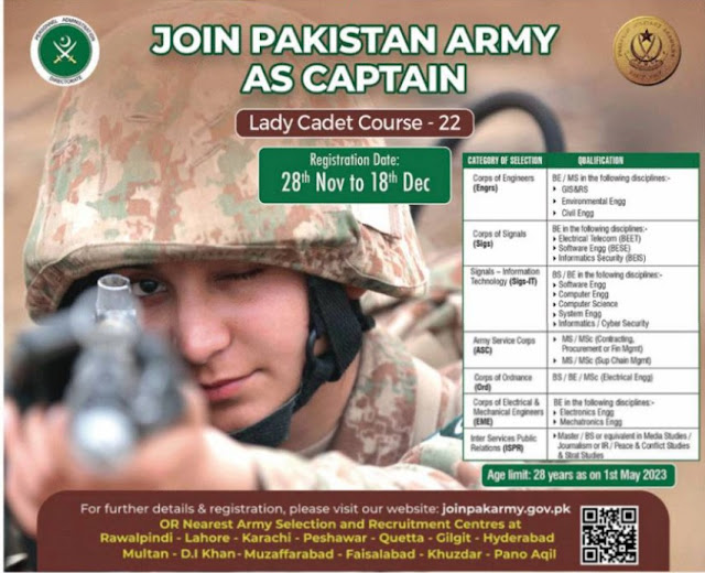 Join Pak Army Through Lady Cadet Course LCC-22