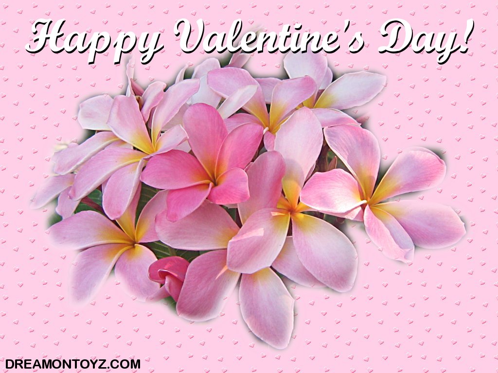 Happy Valentine's Day! on pink background with hearts and flowers