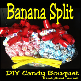 Surprise someone with this Banana Split DIY Candy Bouquet as a birthday gift or as a centerpiece at Ice Cream party this summer.  It's an easy diy project and so much fun to eat and enjoy using simple ingredients like Dum Dum candy suckers, Styrofoam balls, ribbon bows, Twizzler candies, and an ice cream candy dish. 